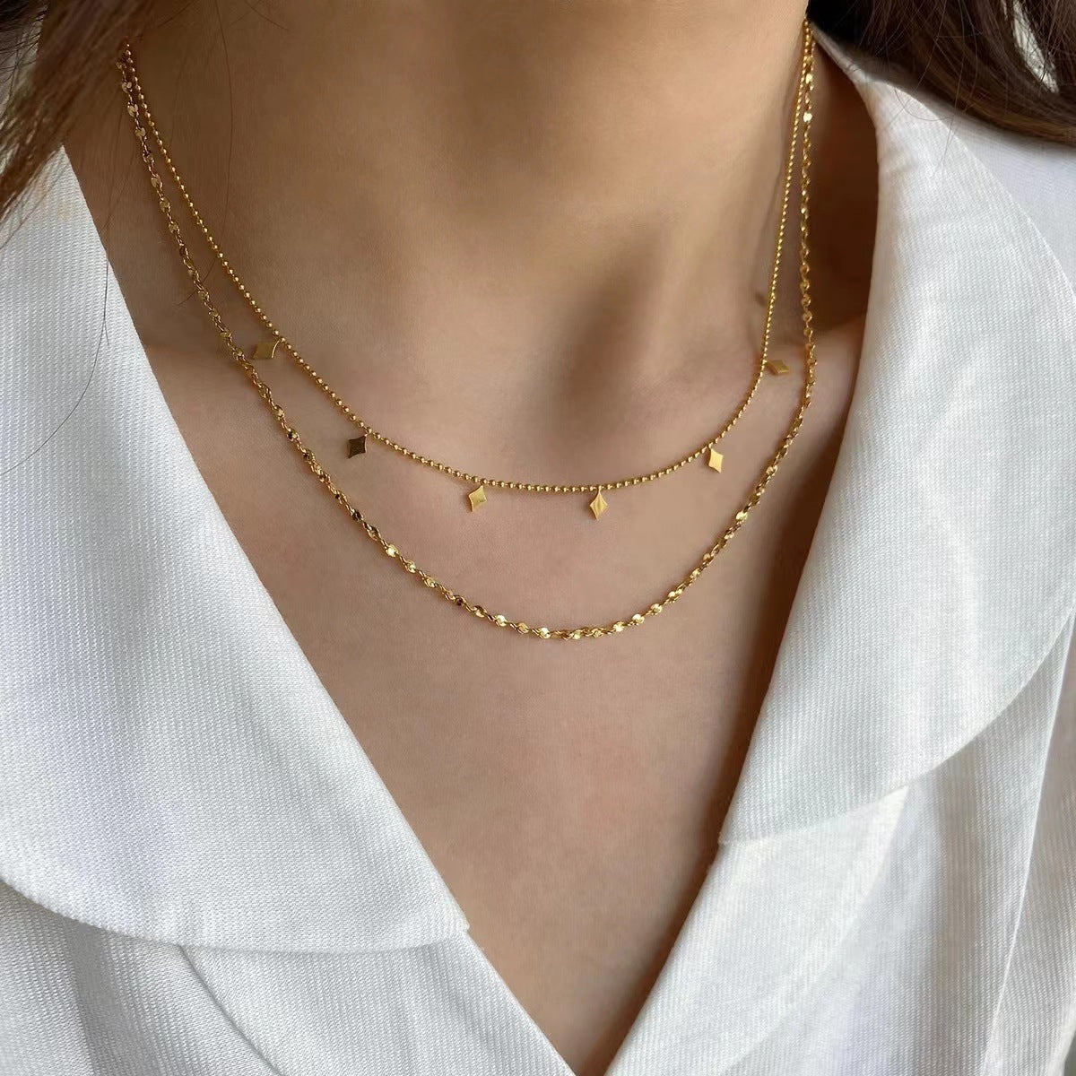 Stainless Steel Double-layer Fringed Sequin Bead Chain Necklace