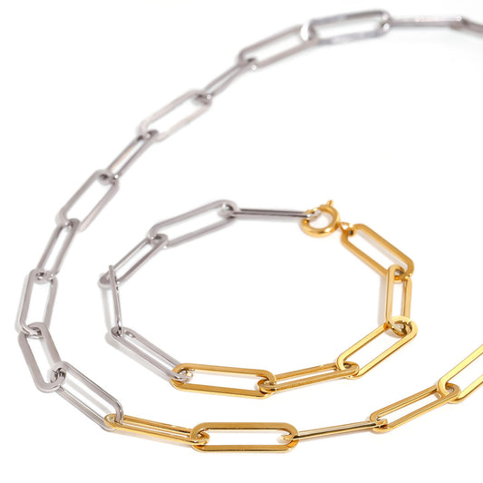 Stainless Steel Gold and Steel Two-Tone Paperclip Necklace Bracelet Set