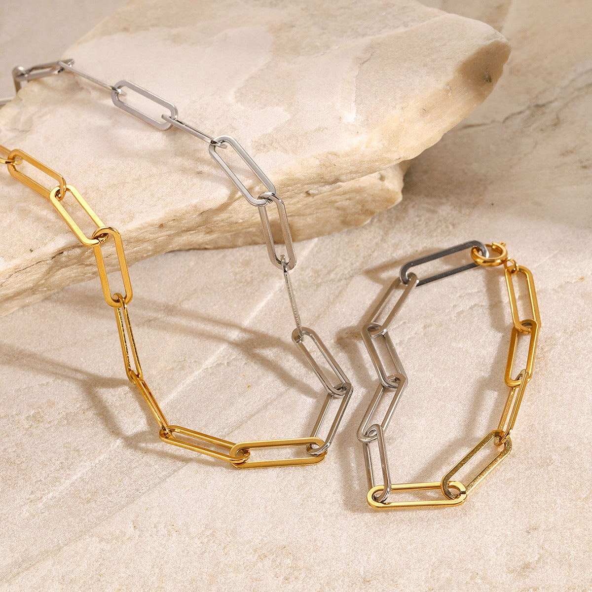 Stainless Steel Gold and Steel Two-Tone Paperclip Necklace Bracelet Set