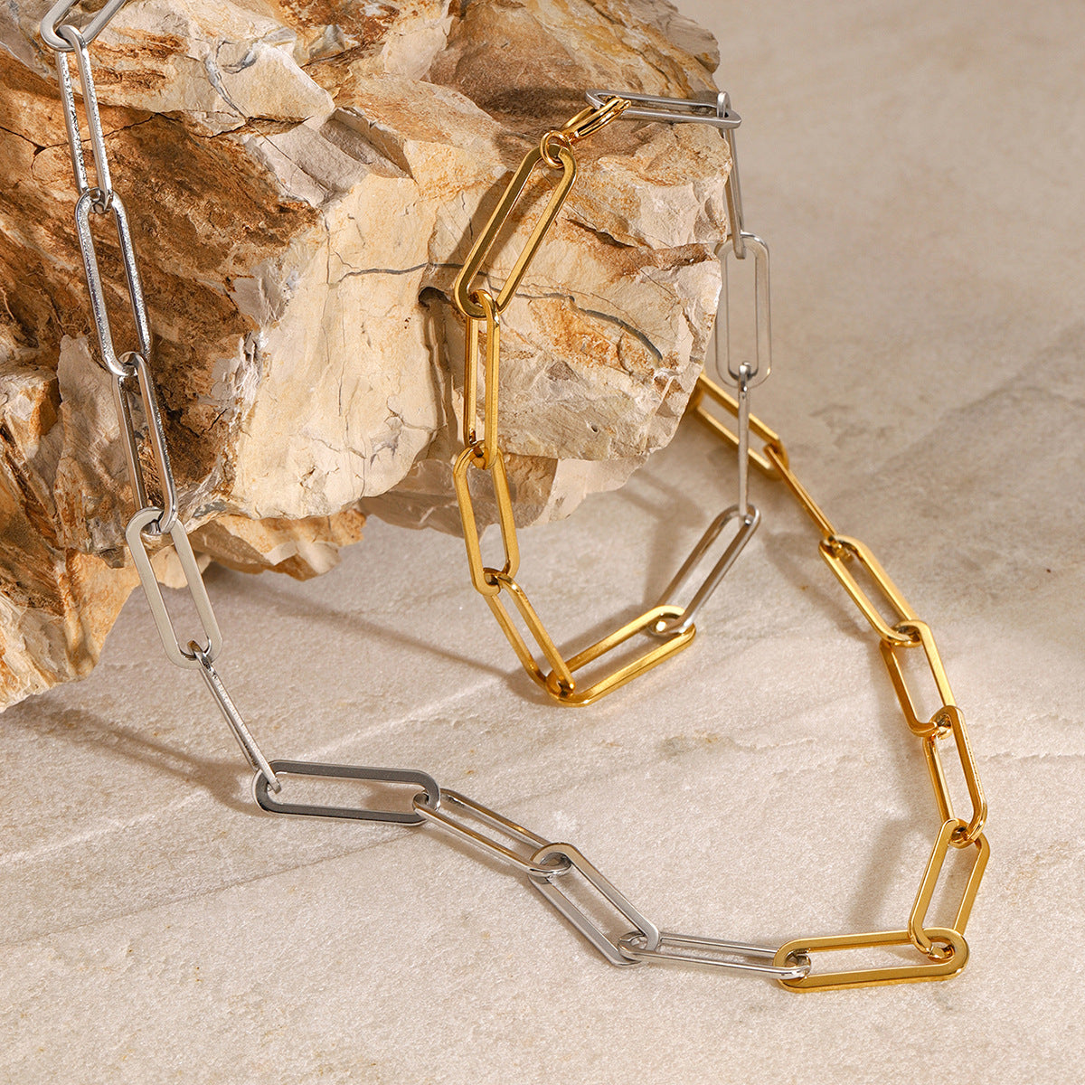 Stainless Steel Gold and Steel Two-Tone Paperclip Necklace Bracelet Set