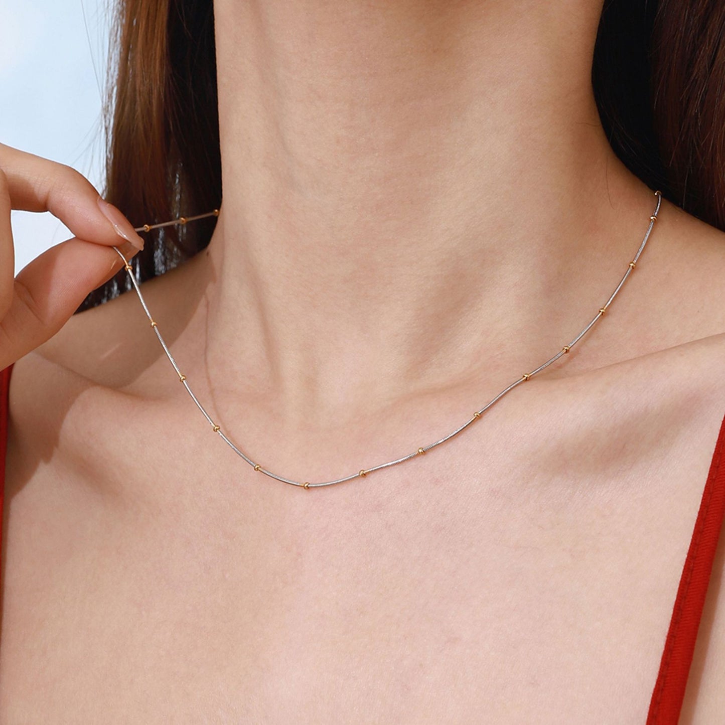Stainless Steel Beaded Snake Chain Necklace