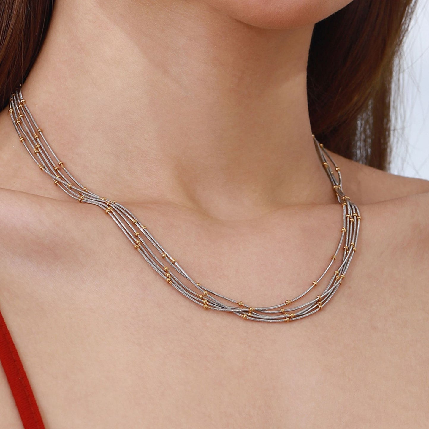 Stainless Steel Multi-layered Gold and Steel Two-Tone Ball Necklace