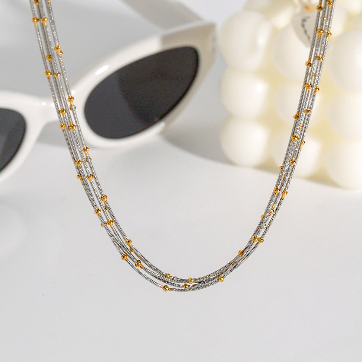 Stainless Steel Multi-layered Gold and Steel Two-Tone Ball Necklace