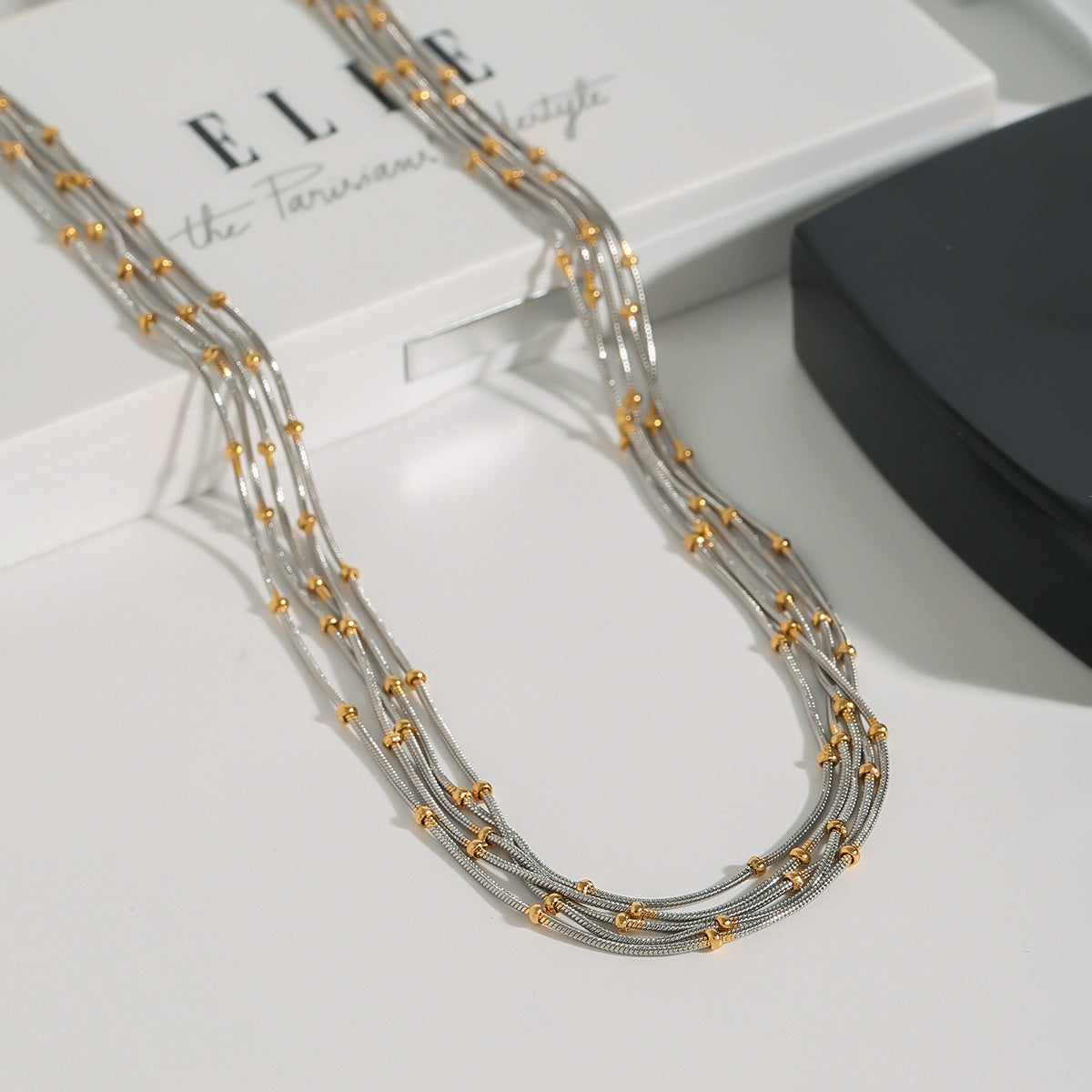 Stainless Steel Multi-layered Gold and Steel Two-Tone Ball Necklace