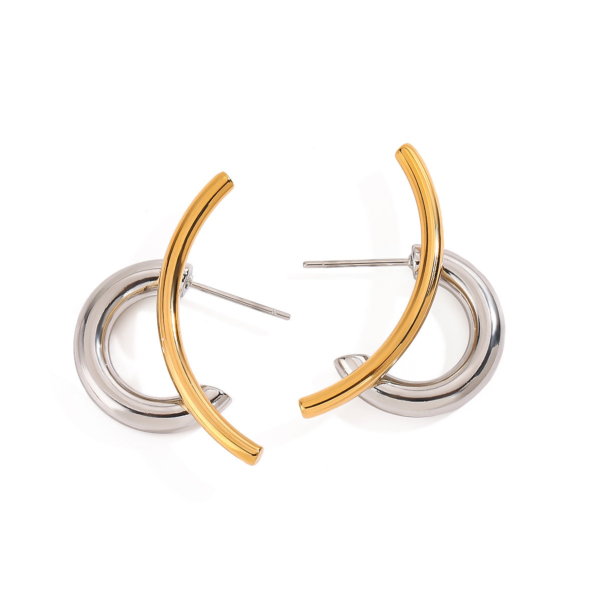 Stainless Steel Double-C Gold and Steel Two-Tone Stud Earrings