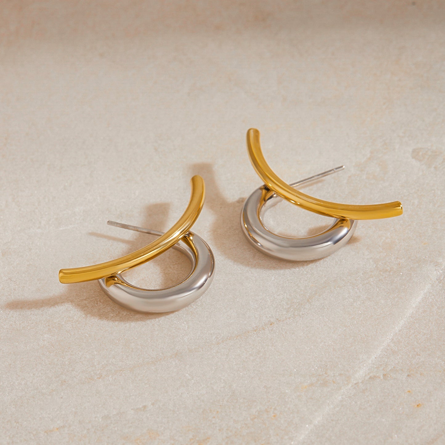 Stainless Steel Double-C Gold and Steel Two-Tone Stud Earrings