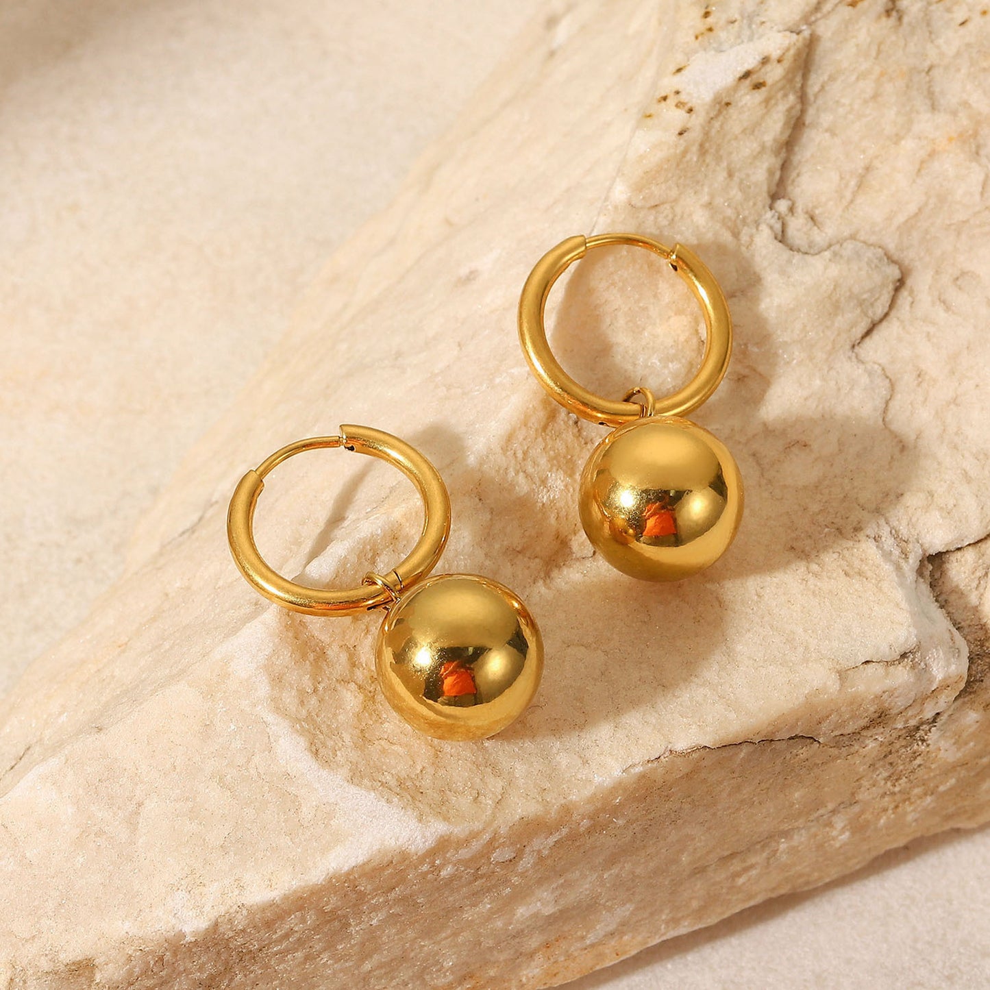 Stainless Steel Gold Ball Pendant Hoop Earrings
