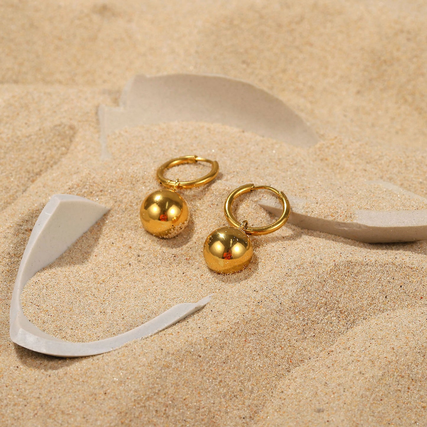 Stainless Steel Gold Ball Pendant Hoop Earrings