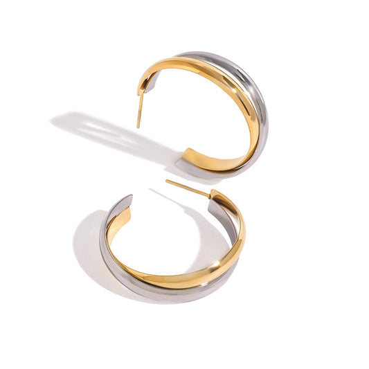 Stainless Steel Gold and Steel Two-Tone C-shaped Stud Earrings