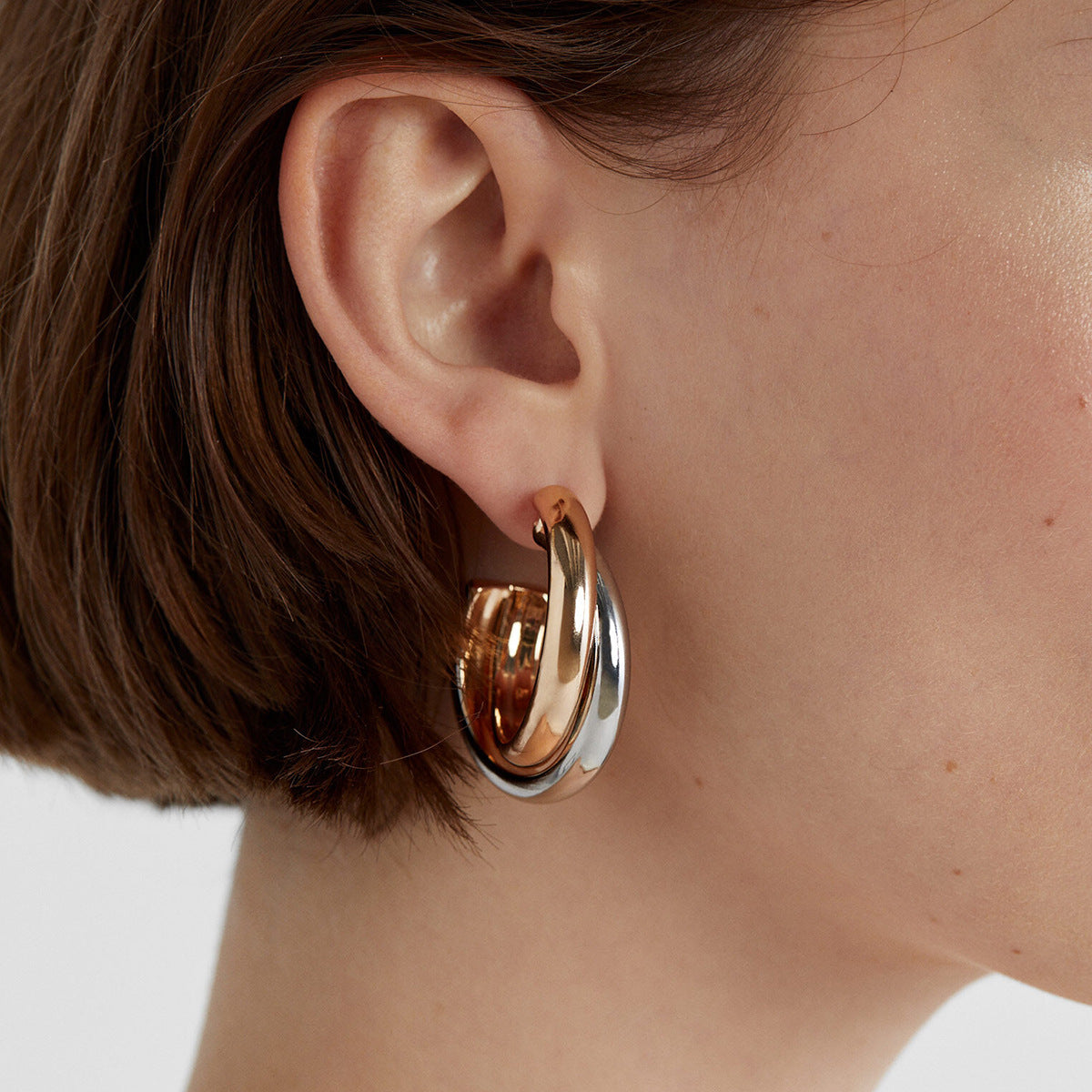 Stainless Steel Gold and Steel Two-Tone C-shaped Stud Earrings