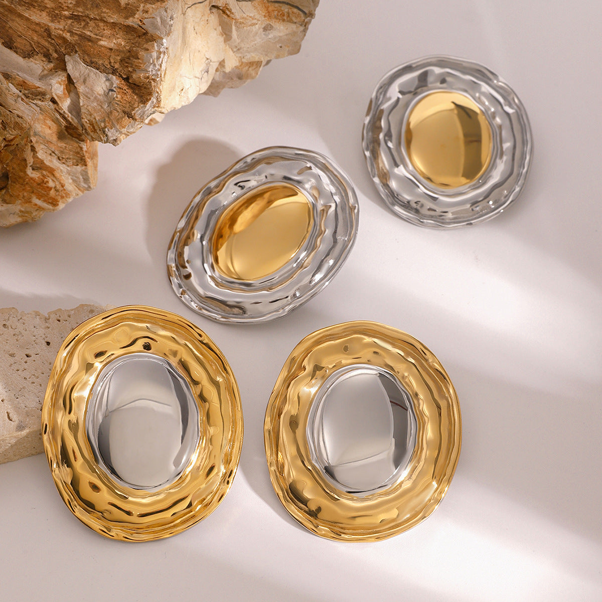 Stainless Steel Gold and Steel Two-Tone Rotundity Earrings