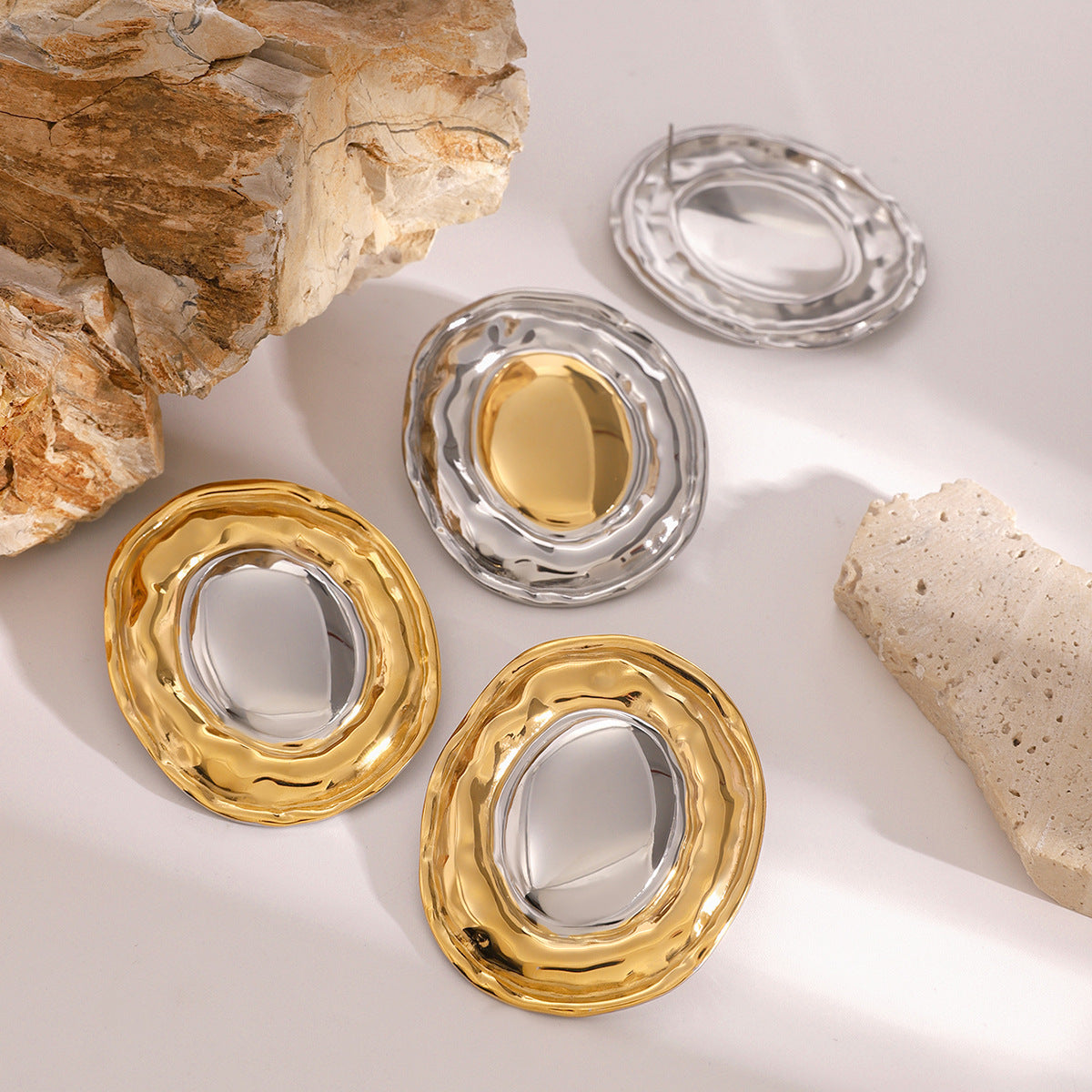 Stainless Steel Gold and Steel Two-Tone Rotundity Earrings