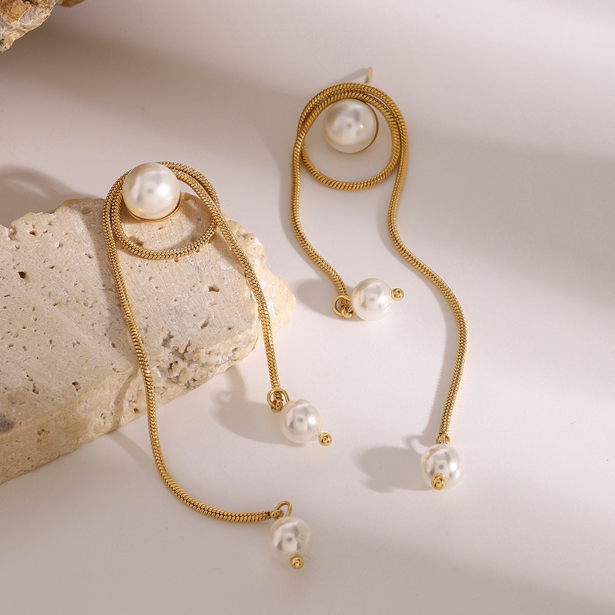 Stainless Steel Pearl Tassel Drop Earrings