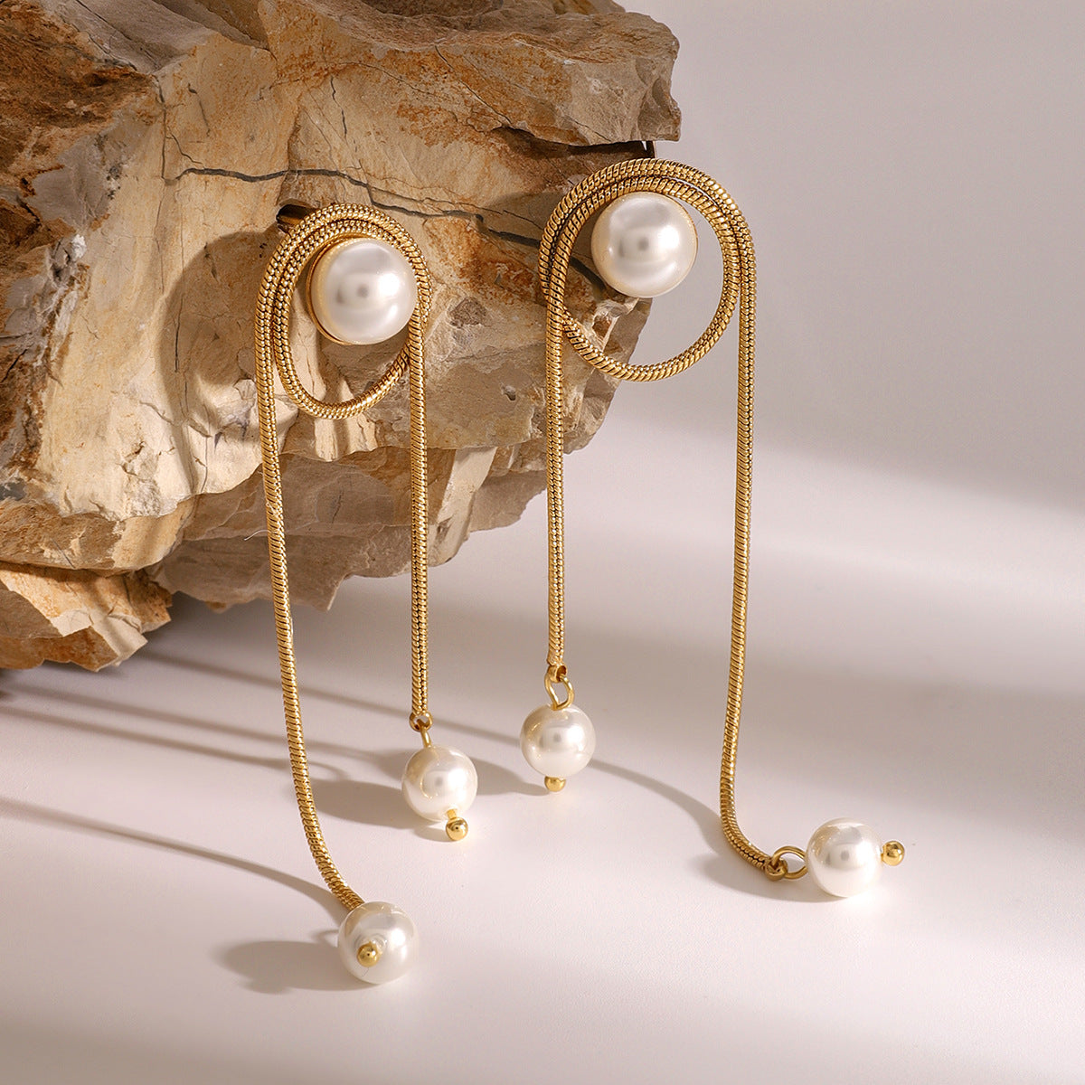 Stainless Steel Pearl Tassel Drop Earrings