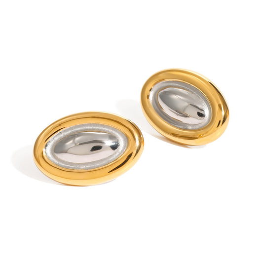Stainless Steel Gold and Steel Two-Tone Oval Stud Earrings