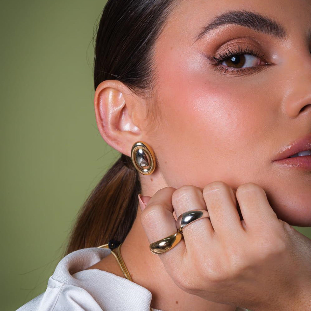Stainless Steel Gold and Steel Two-Tone Oval Stud Earrings