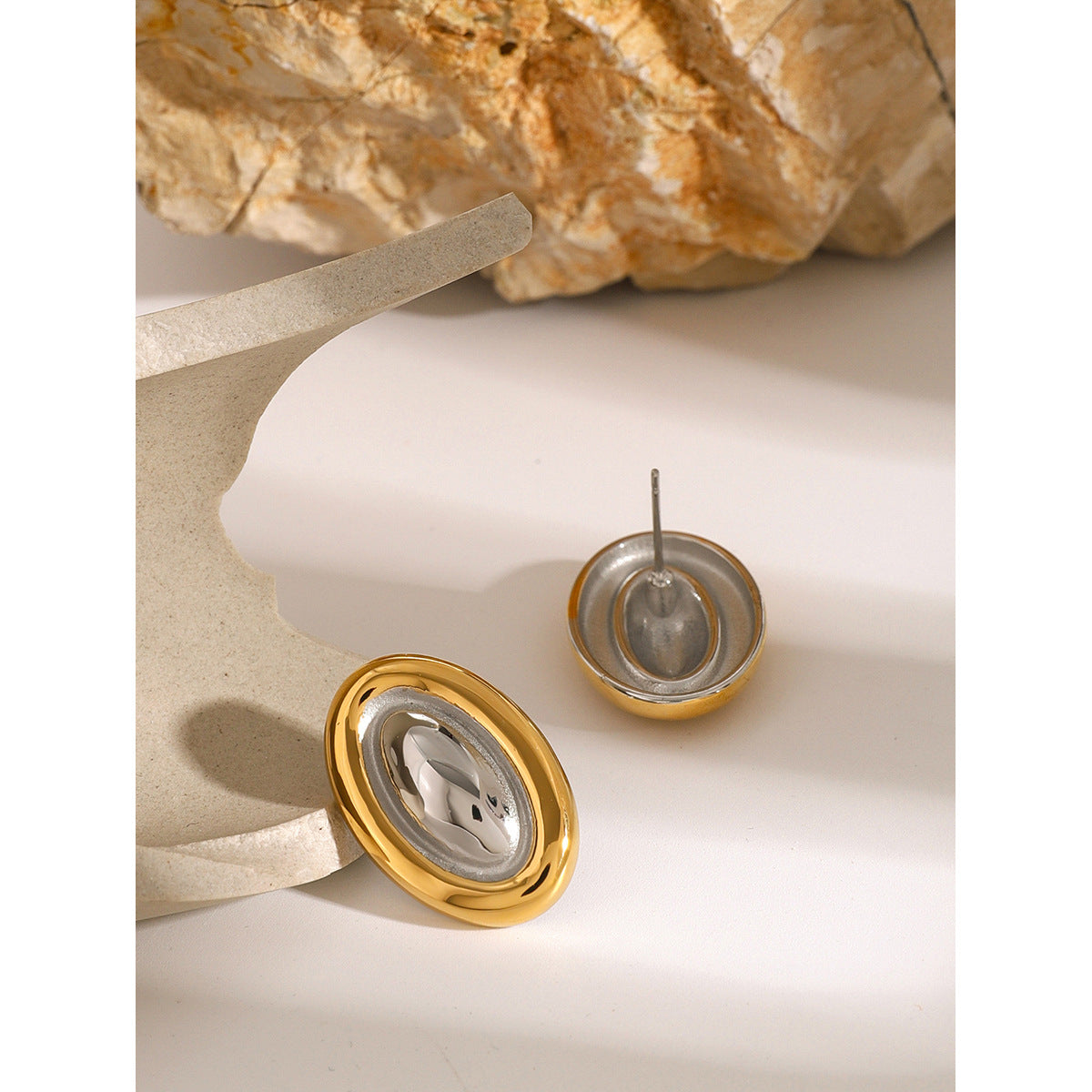 Stainless Steel Gold and Steel Two-Tone Oval Stud Earrings
