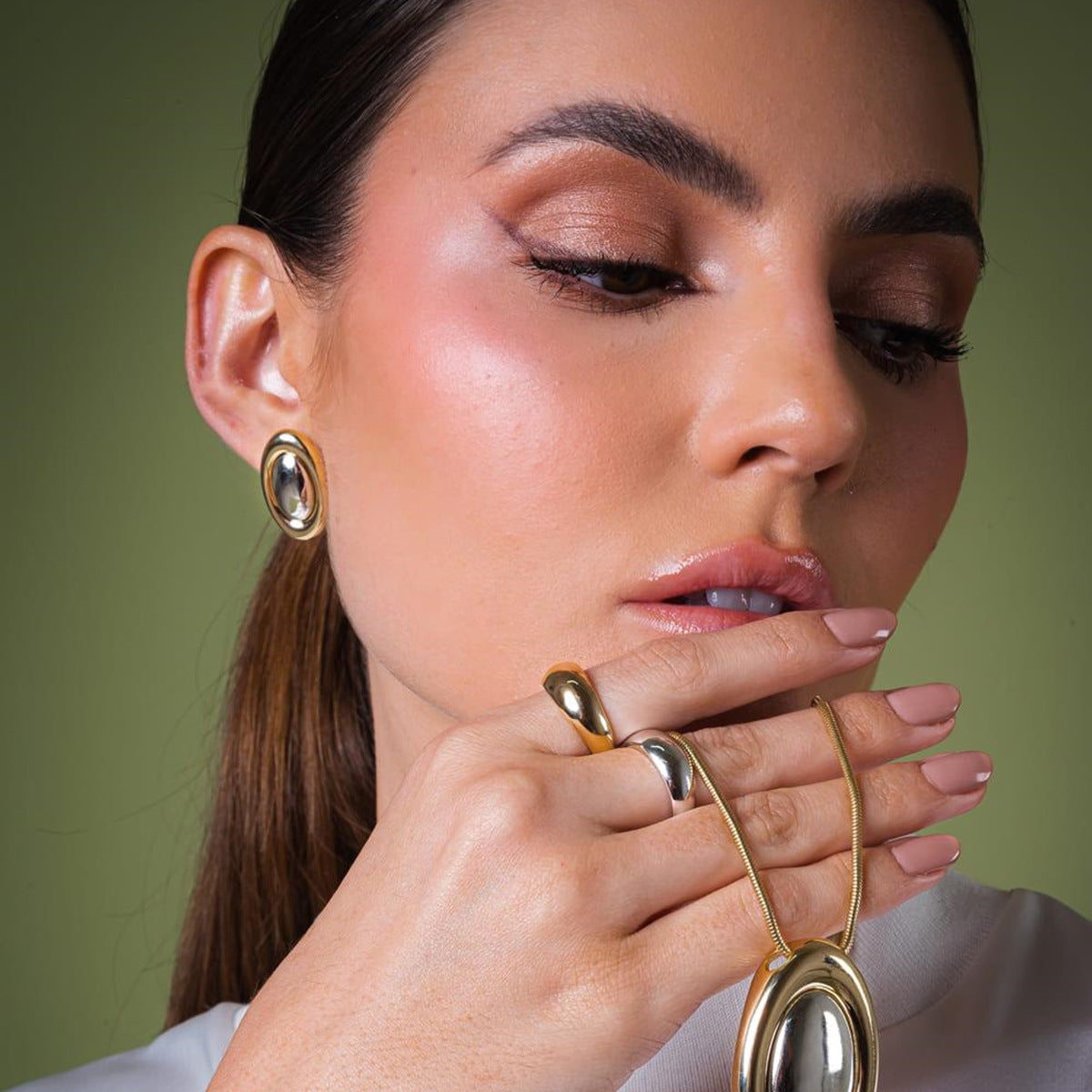 Stainless Steel Gold and Steel Two-Tone Oval Stud Earrings