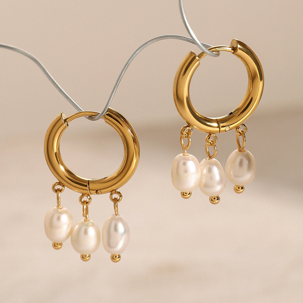 Stainless Steel Pearl Pendant Hoop Earrings