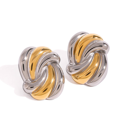 Stainless Steel Wave Gold and Steel Two-Tone Stud Earrings