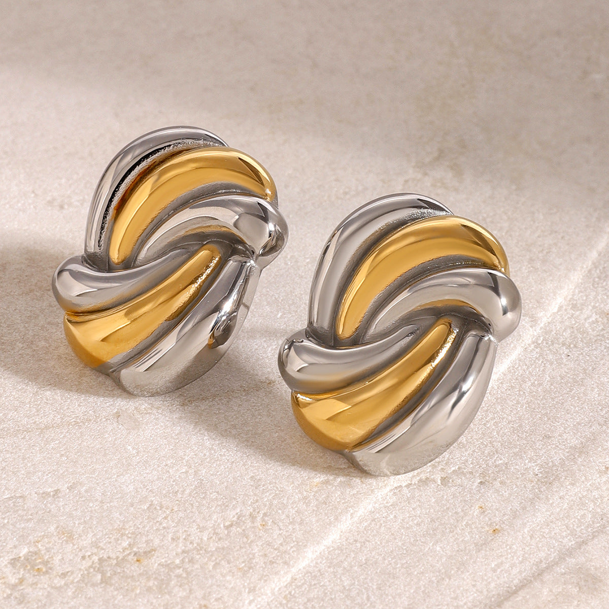 Stainless Steel Wave Gold and Steel Two-Tone Stud Earrings
