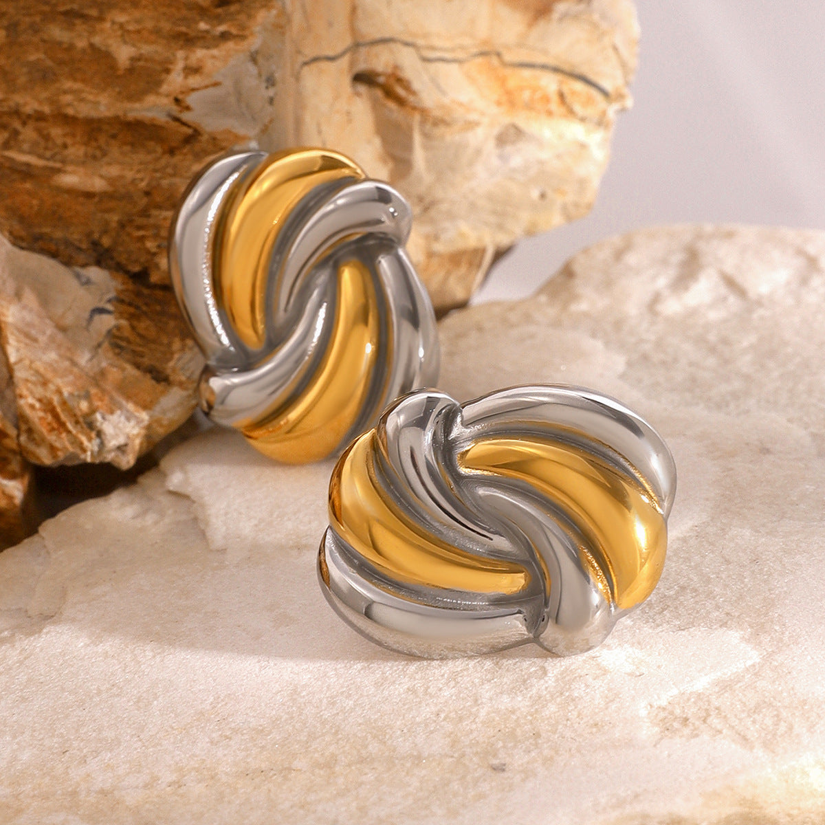 Stainless Steel Wave Gold and Steel Two-Tone Stud Earrings