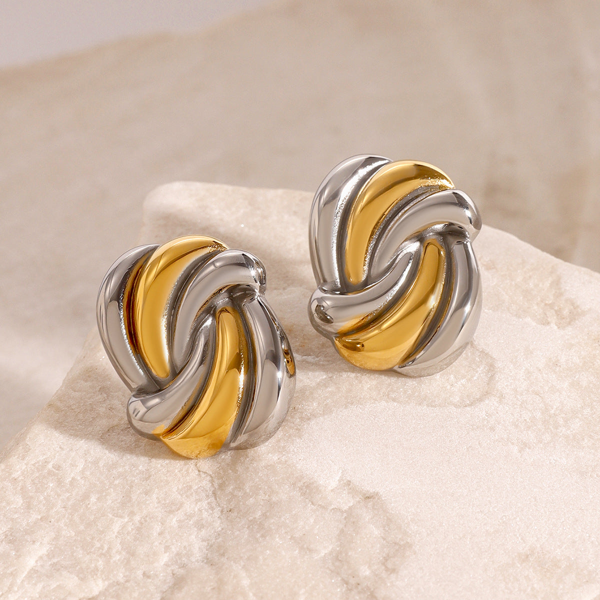 Stainless Steel Wave Gold and Steel Two-Tone Stud Earrings