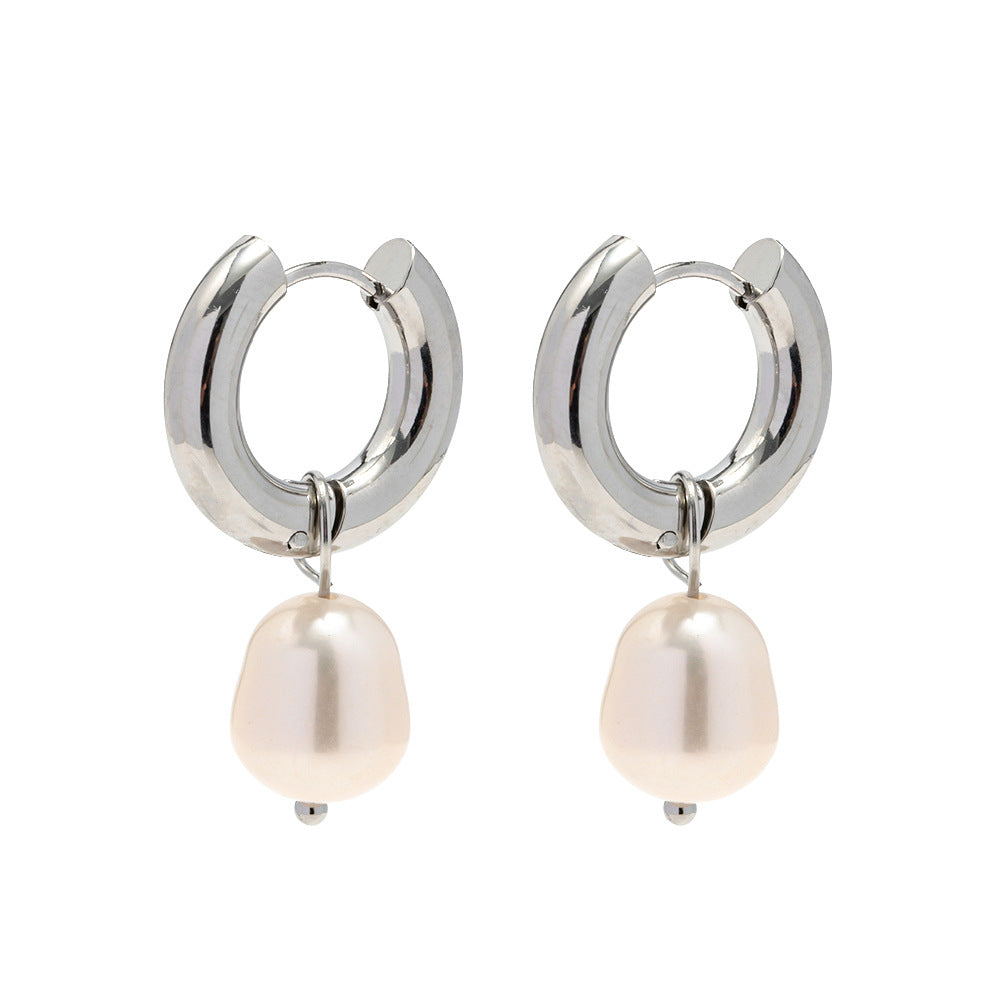 Stainless Steel Natural Freshwater Pearl Pendant Huggie Earrings