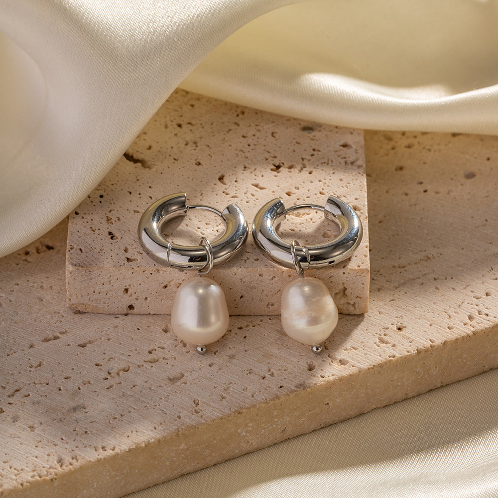 Stainless Steel Natural Freshwater Pearl Pendant Huggie Earrings