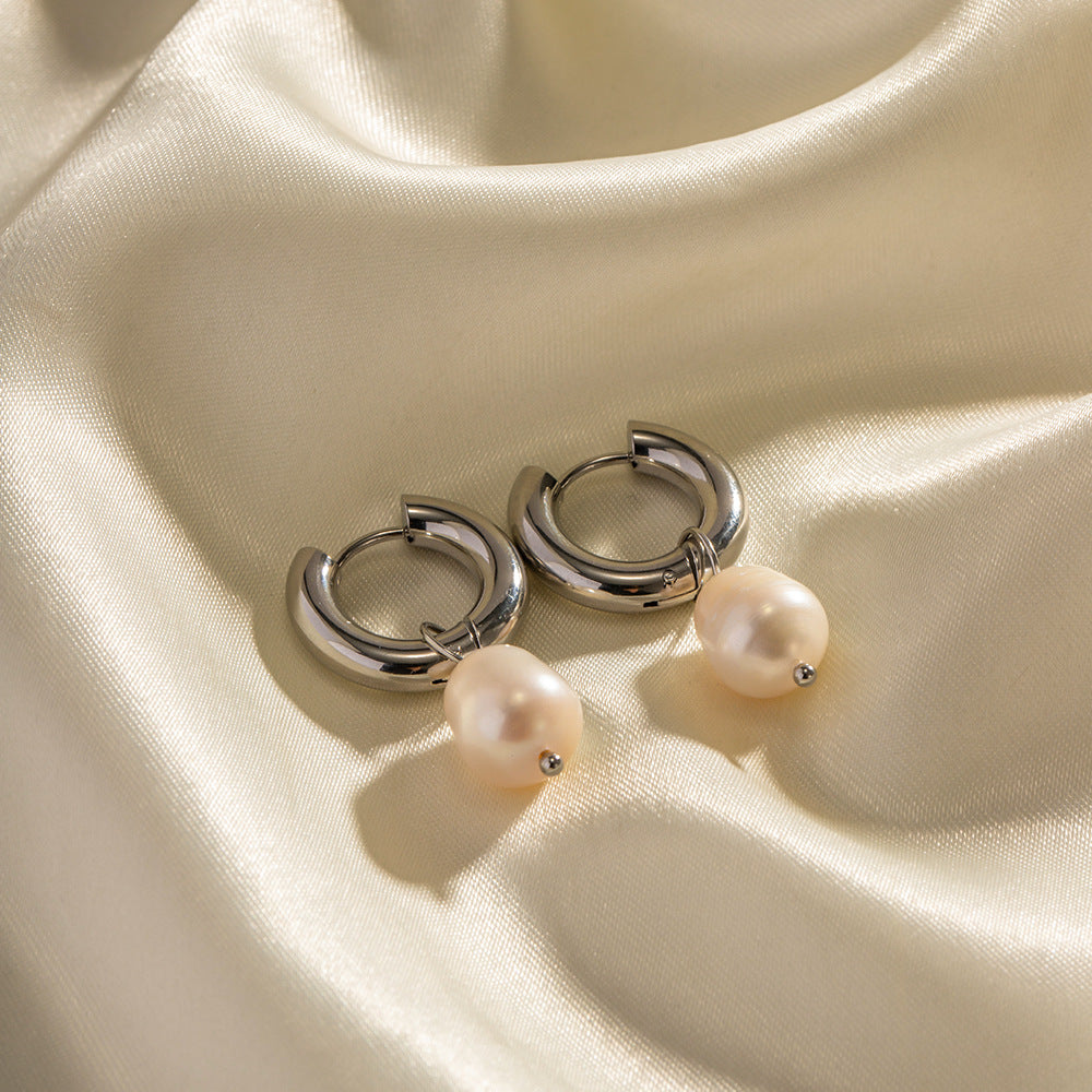 Stainless Steel Natural Freshwater Pearl Pendant Huggie Earrings