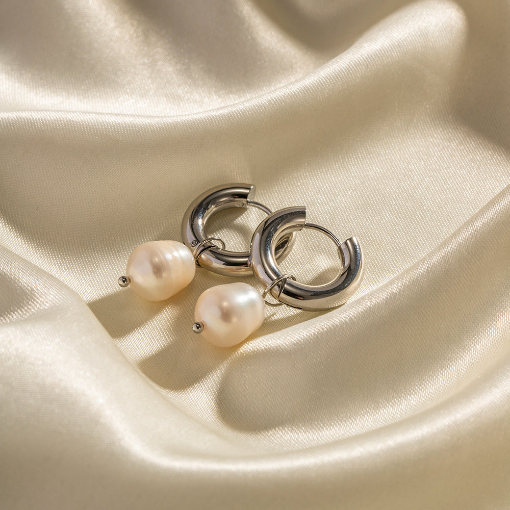 Stainless Steel Natural Freshwater Pearl Pendant Huggie Earrings