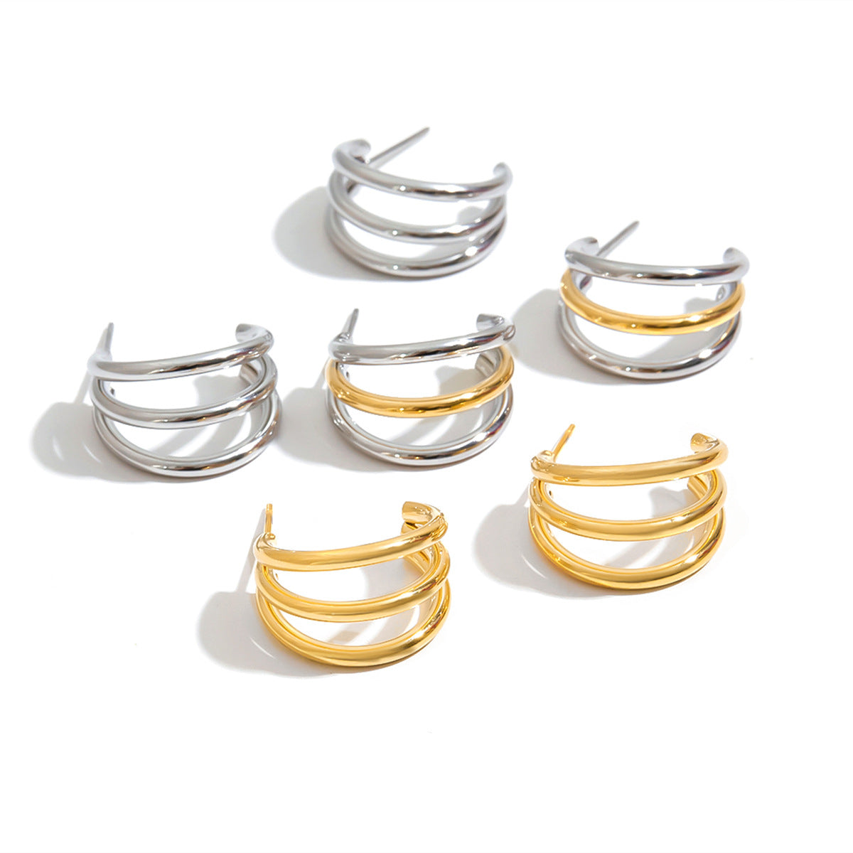 Stainless Steel 3-layer C-shaped Geometric Stud Earrings