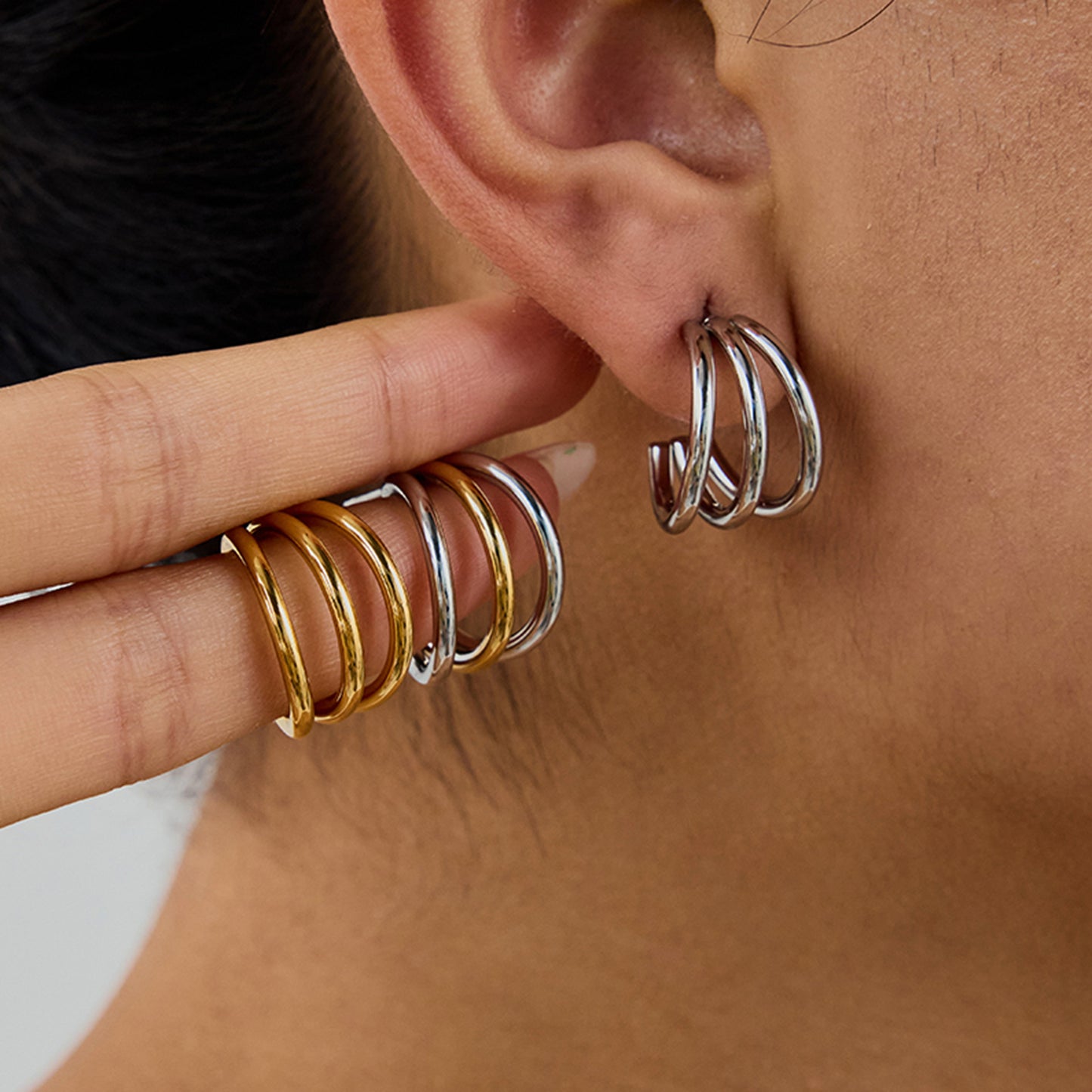 Stainless Steel 3-layer C-shaped Geometric Stud Earrings