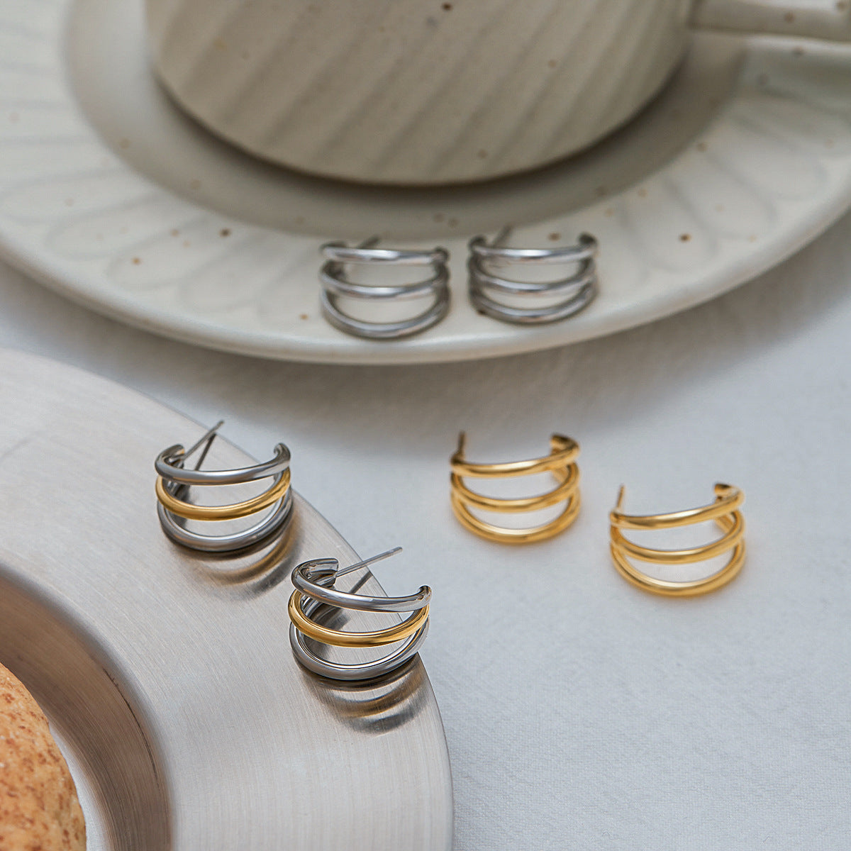 Stainless Steel 3-layer C-shaped Geometric Stud Earrings
