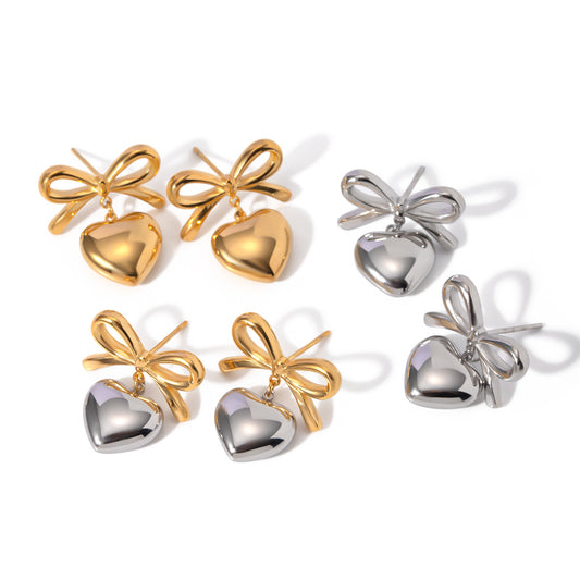 Stainless Steel Bowknot Heart Pendant Stud Earrings