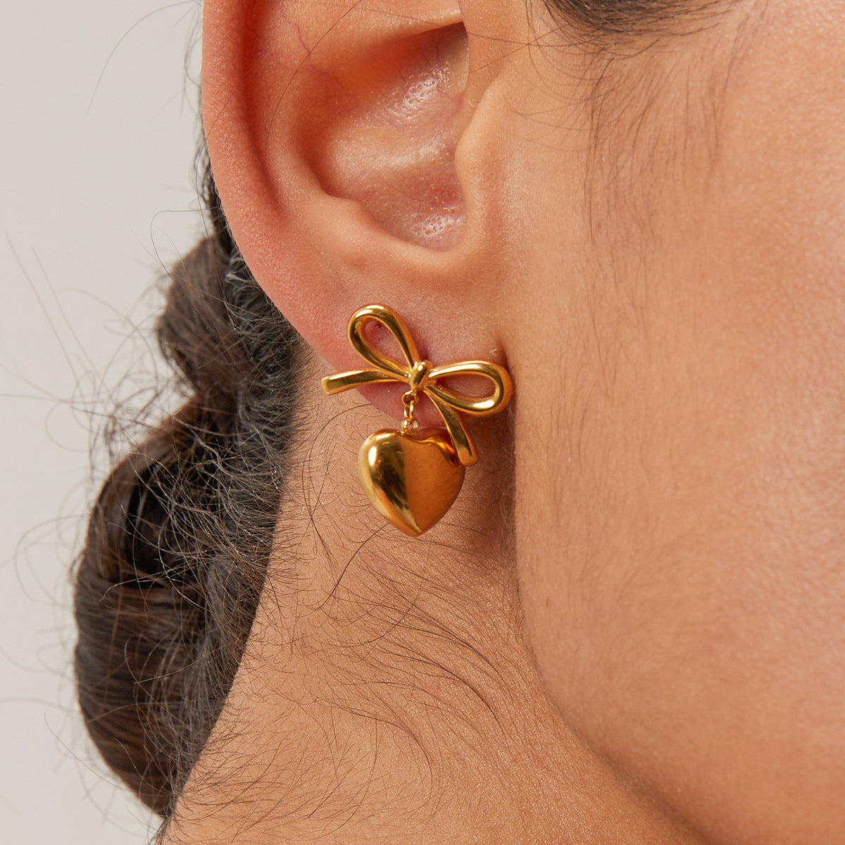 Stainless Steel Bowknot Heart Pendant Stud Earrings
