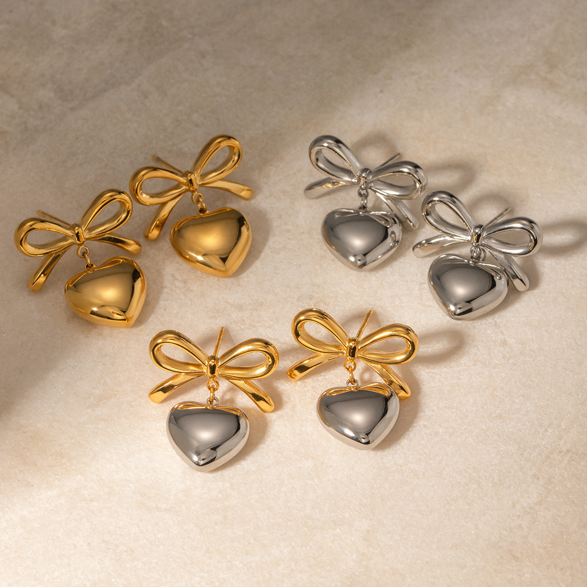 Stainless Steel Bowknot Heart Pendant Stud Earrings