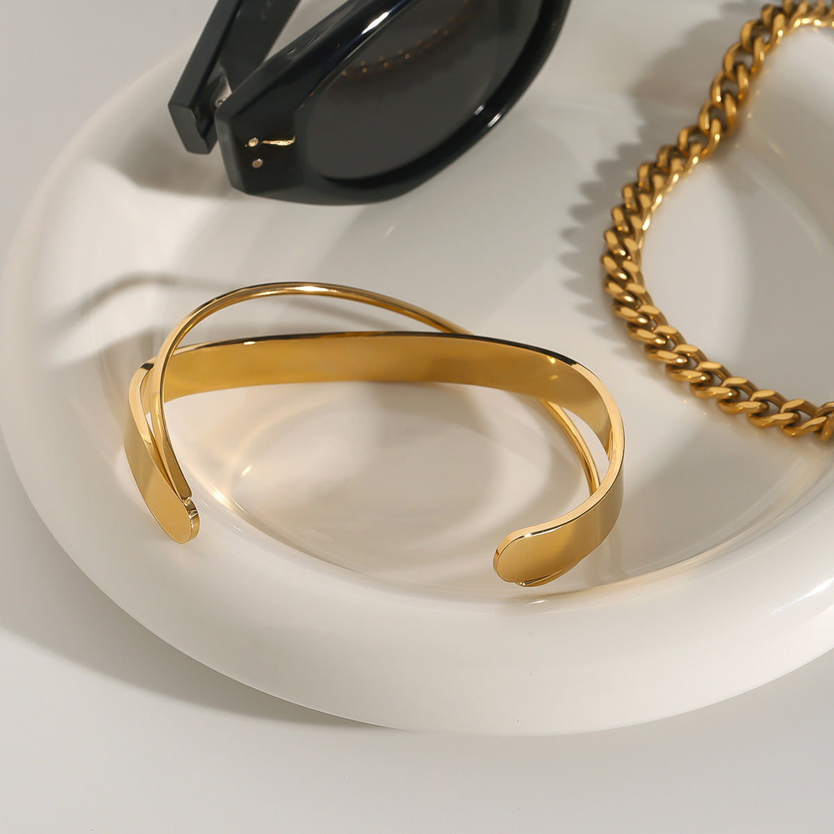 18K Gold PVD Stainless Steel Smooth Geometric Cuff Bracelet