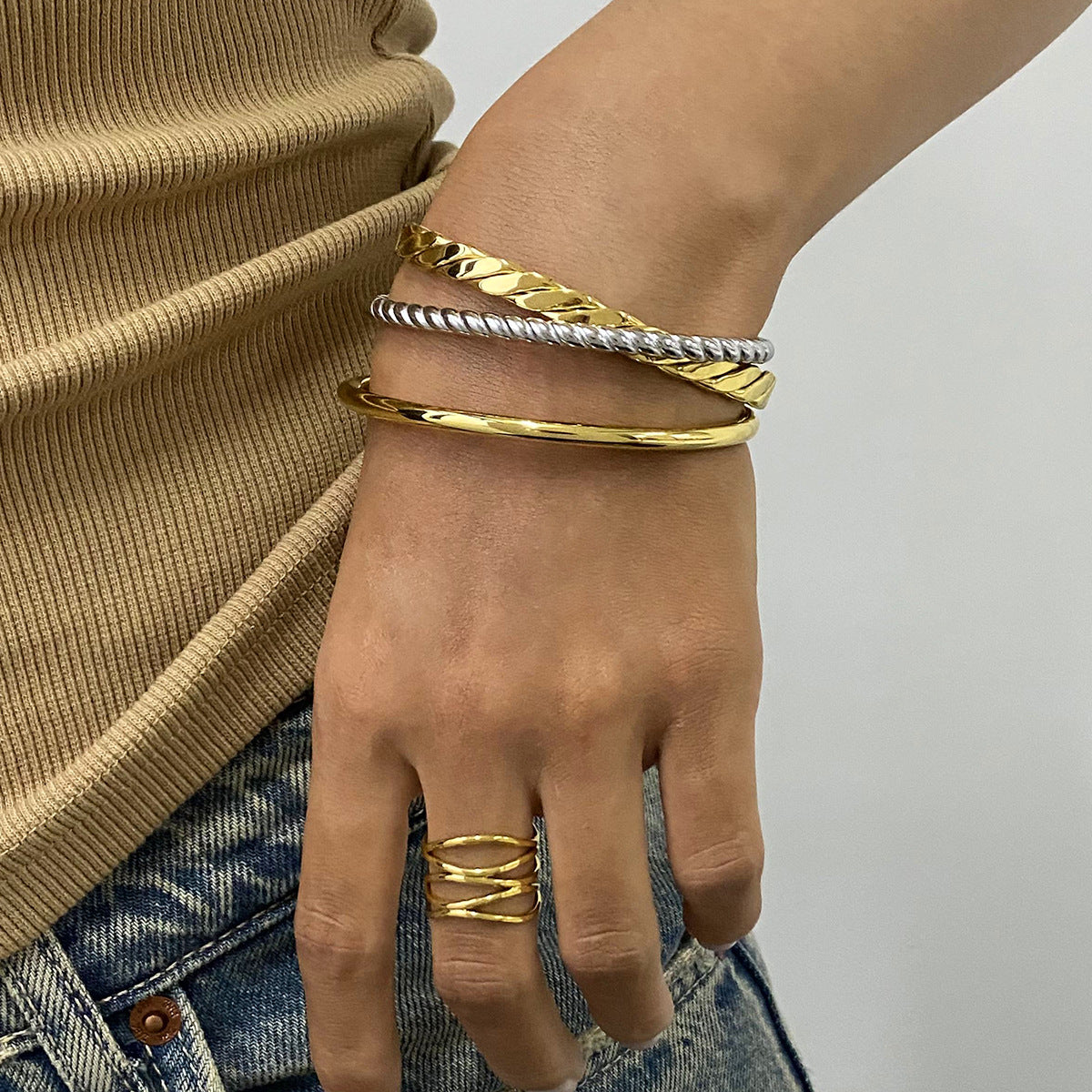 18K Gold PVD Stainless Steel Twisted Rope Cuff Bracelet