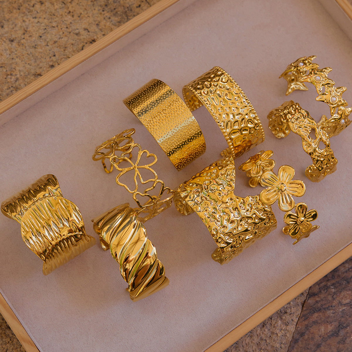 Stainless Steel Texture Band Cuff Bracelet Combination