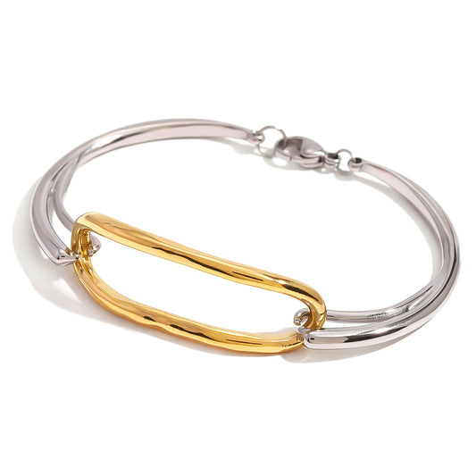 Stainless Steel Gold and Steel Two-Tone Geometric Bangle