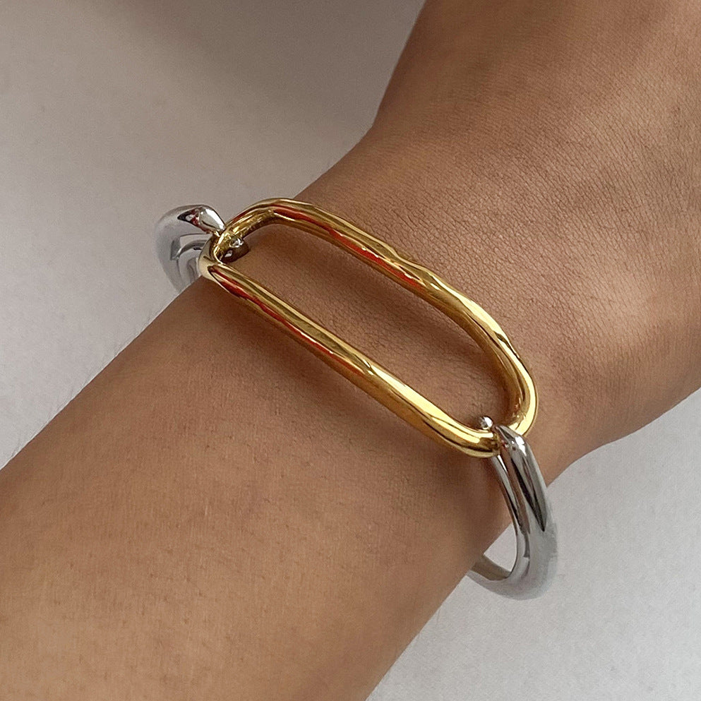 Stainless Steel Gold and Steel Two-Tone Geometric Bangle