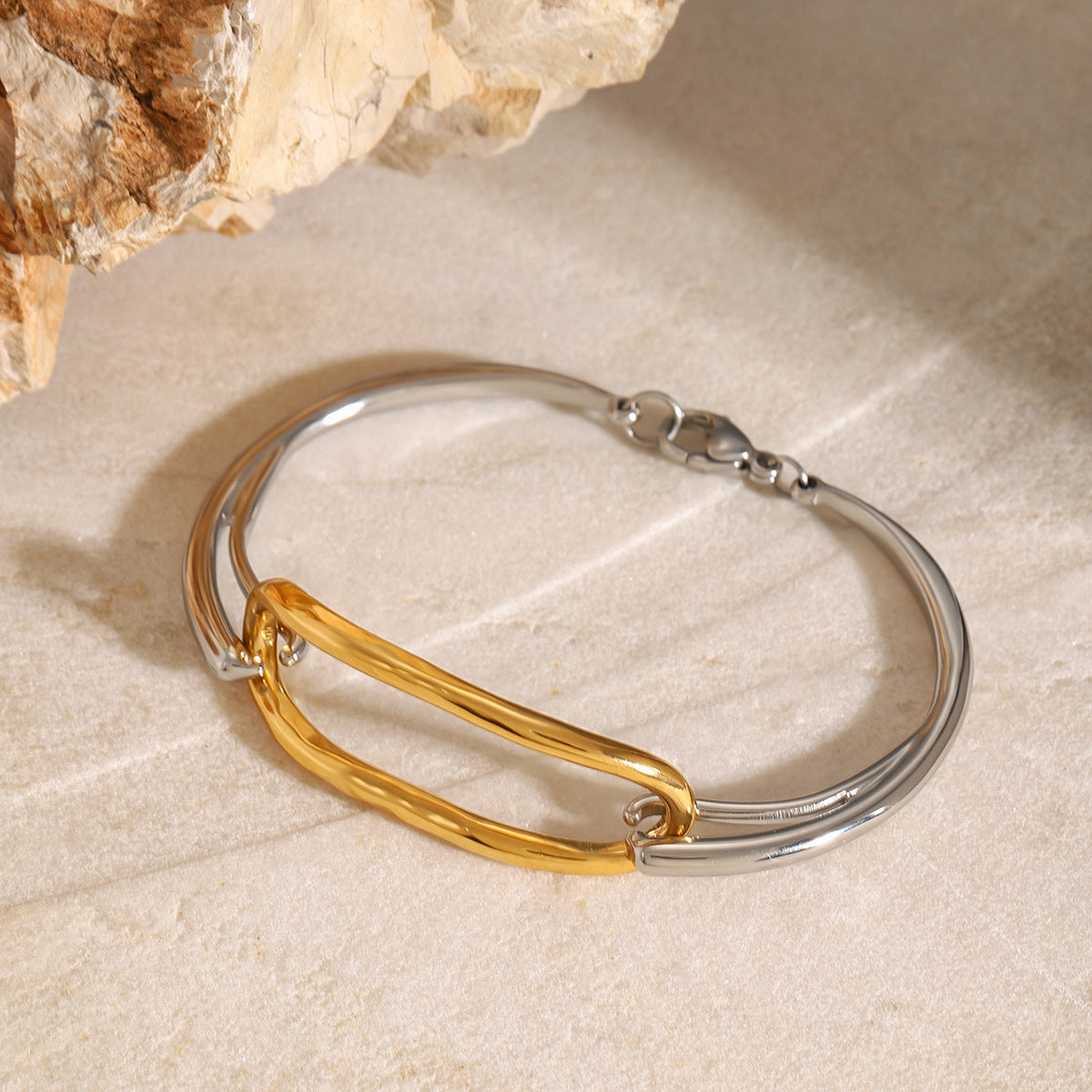 Stainless Steel Gold and Steel Two-Tone Geometric Bangle