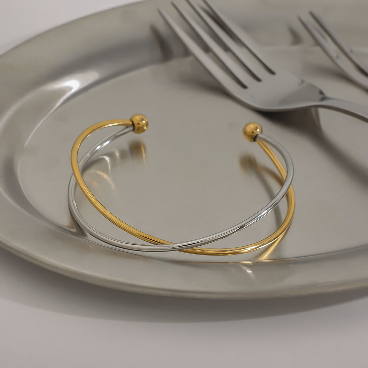 Stainless Steel Gold and Steel Two-Tone Cross Cuff Bracelet