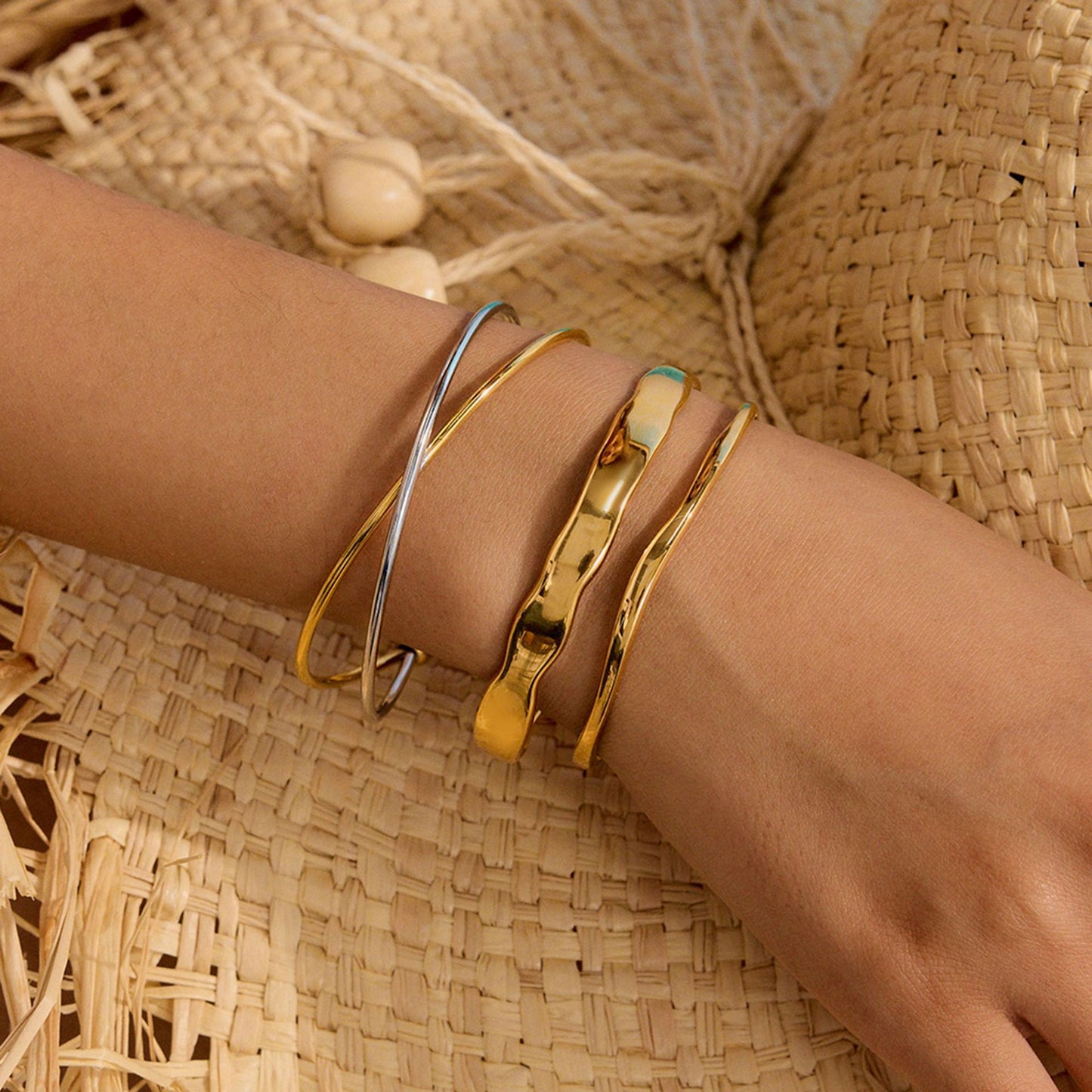 Stainless Steel Gold and Steel Two-Tone Cross Cuff Bracelet