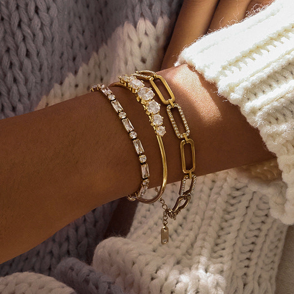 Stainless Steel Thin Ring CZ Cuff Bracelet