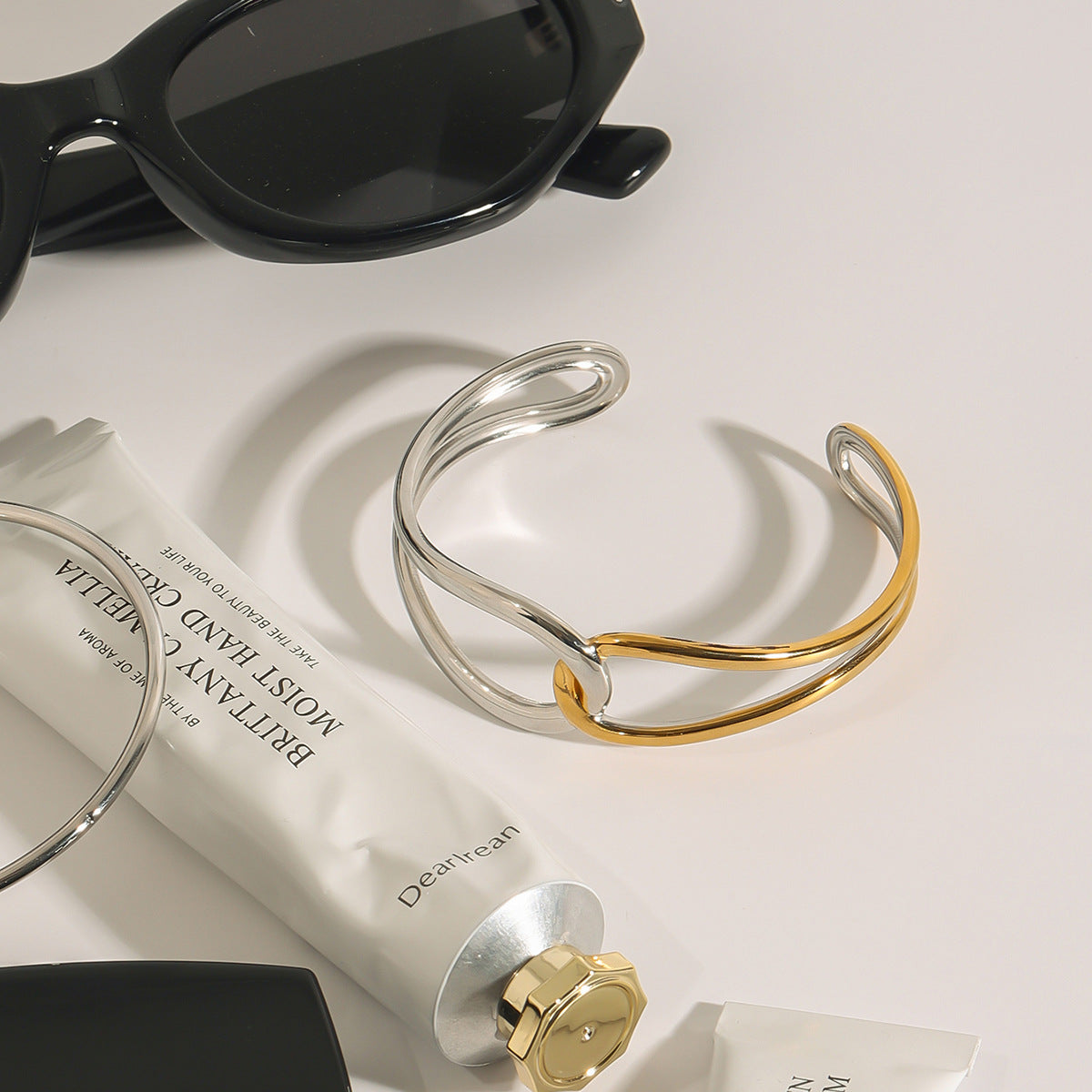 Stainless Steel Gold and Steel Two-Tone Geometric Cuff Bracelet