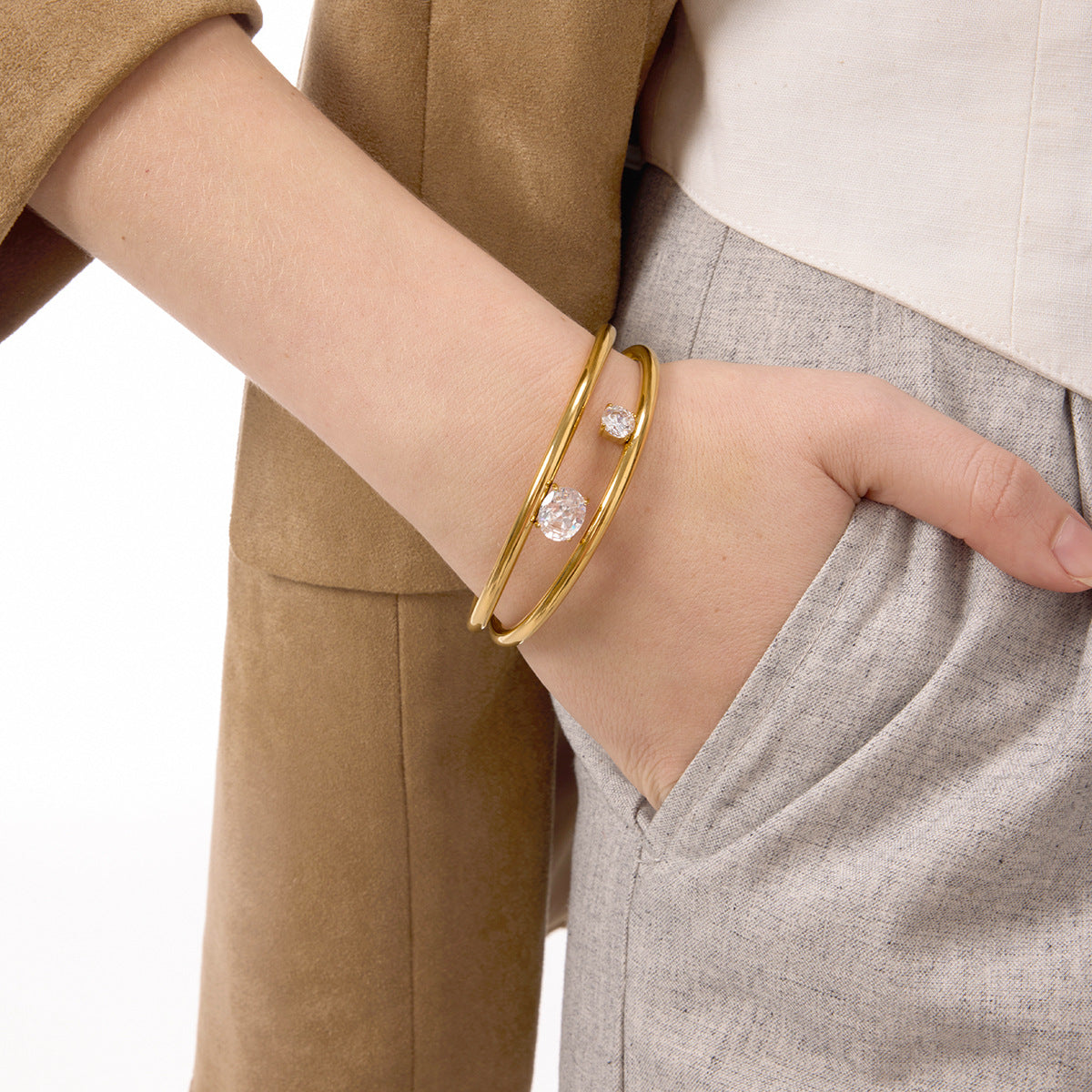 Stainless Steel 18K Gold PVD Cubic Zirconia Cuff Bracelet