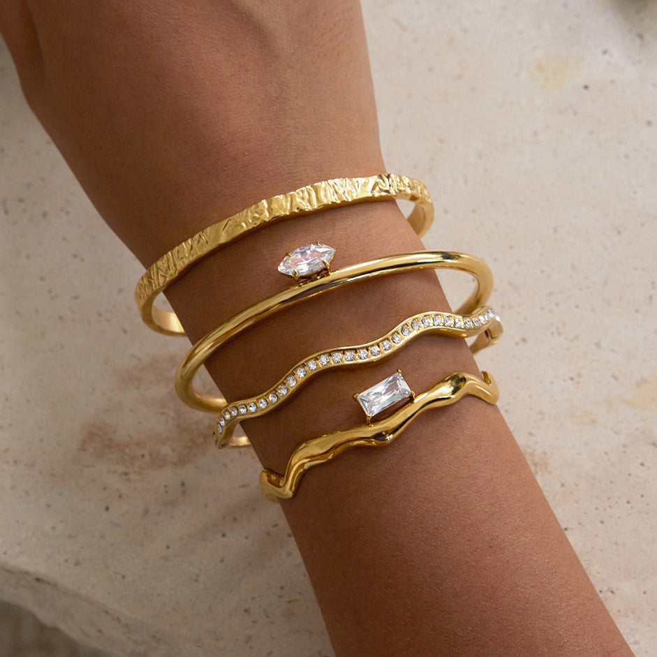 Stainless Steel Inlaid CZ Cuff Bracelet Combination