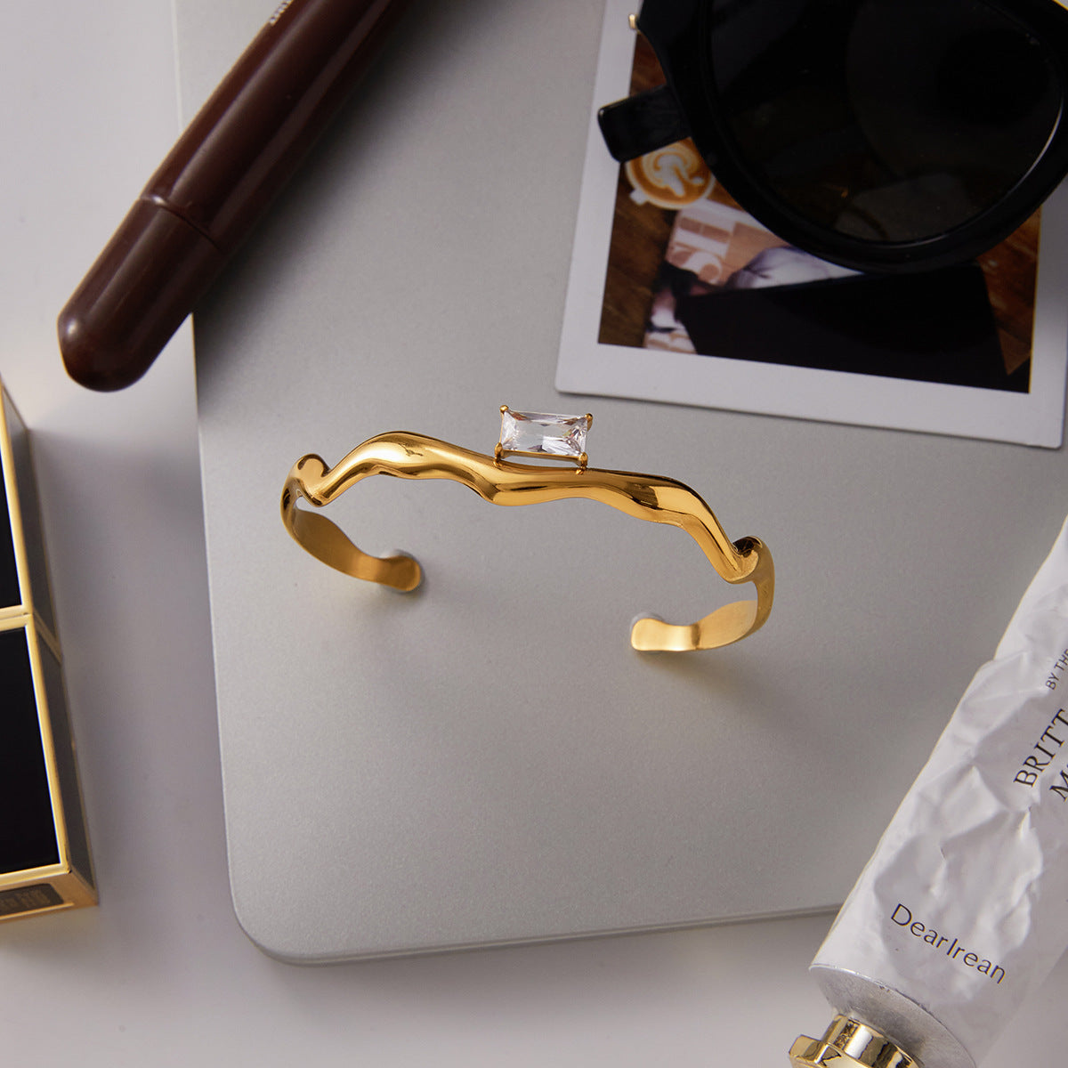 Stainless Steel Inlaid CZ Cuff Bracelet Combination